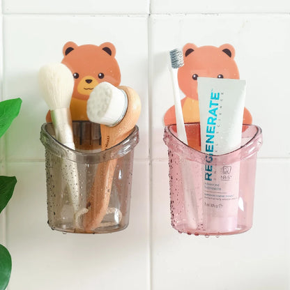 ✨ Cute Bear Wall Holder (3 Pcs Set) | Multi-Use Toothbrush & Storage Cup