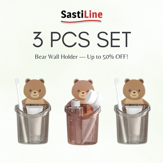 ✨ Cute Bear Wall Holder (3 Pcs Set) | Multi-Use Toothbrush & Storage Cup