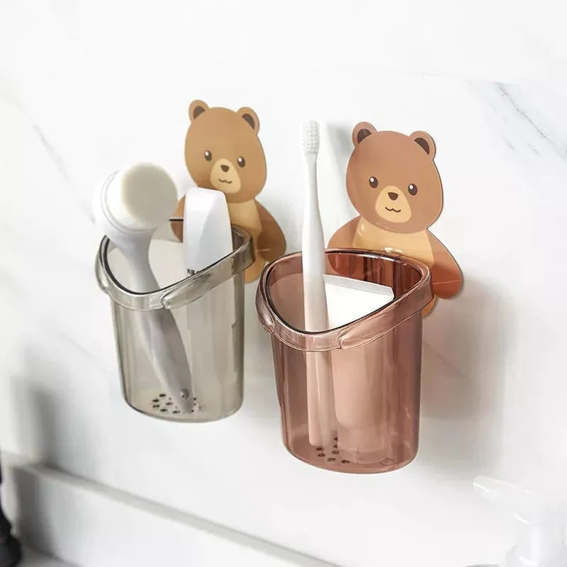 ✨ Cute Bear Wall Holder (3 Pcs Set) | Multi-Use Toothbrush & Storage Cup