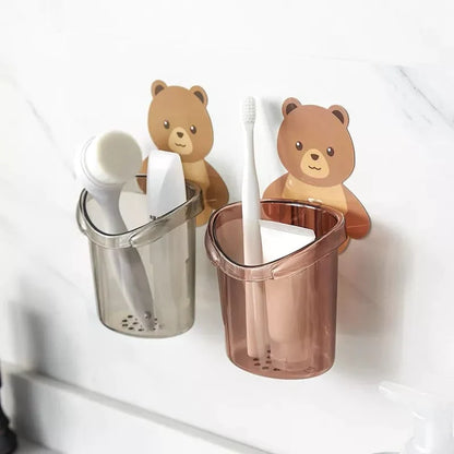 ✨ Cute Bear Wall Holder (3 Pcs Set) | Multi-Use Toothbrush & Storage Cup